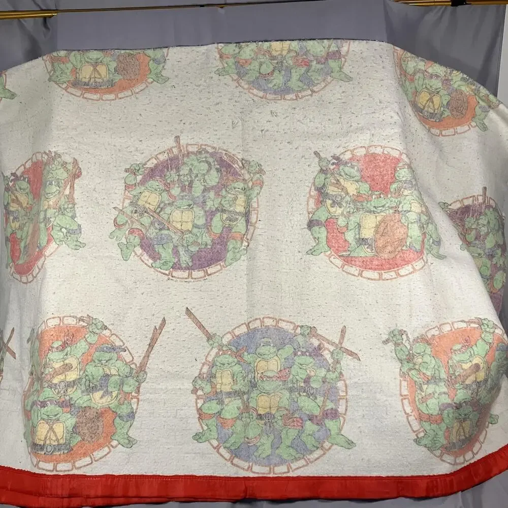 Vintage TMNT Teenage Mutant Ninja Turtles‎ Blanket Throw 86x67 Red Trim Made USA